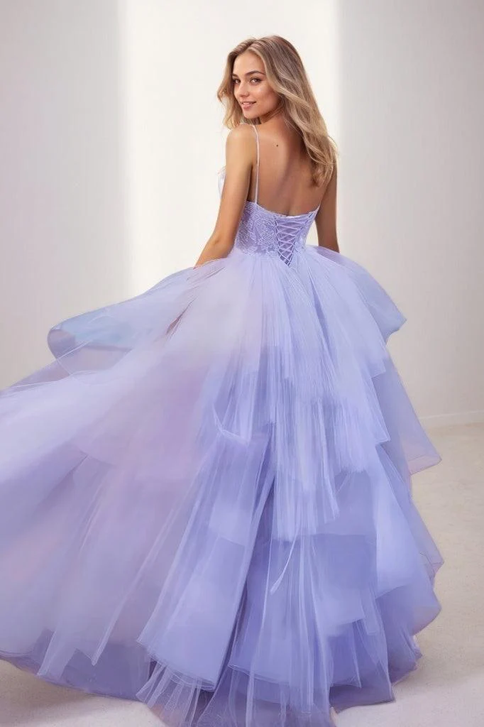V Neck Spaghetti Straps Lace A Line Floor Length Tulle Prom Dresses CS0814