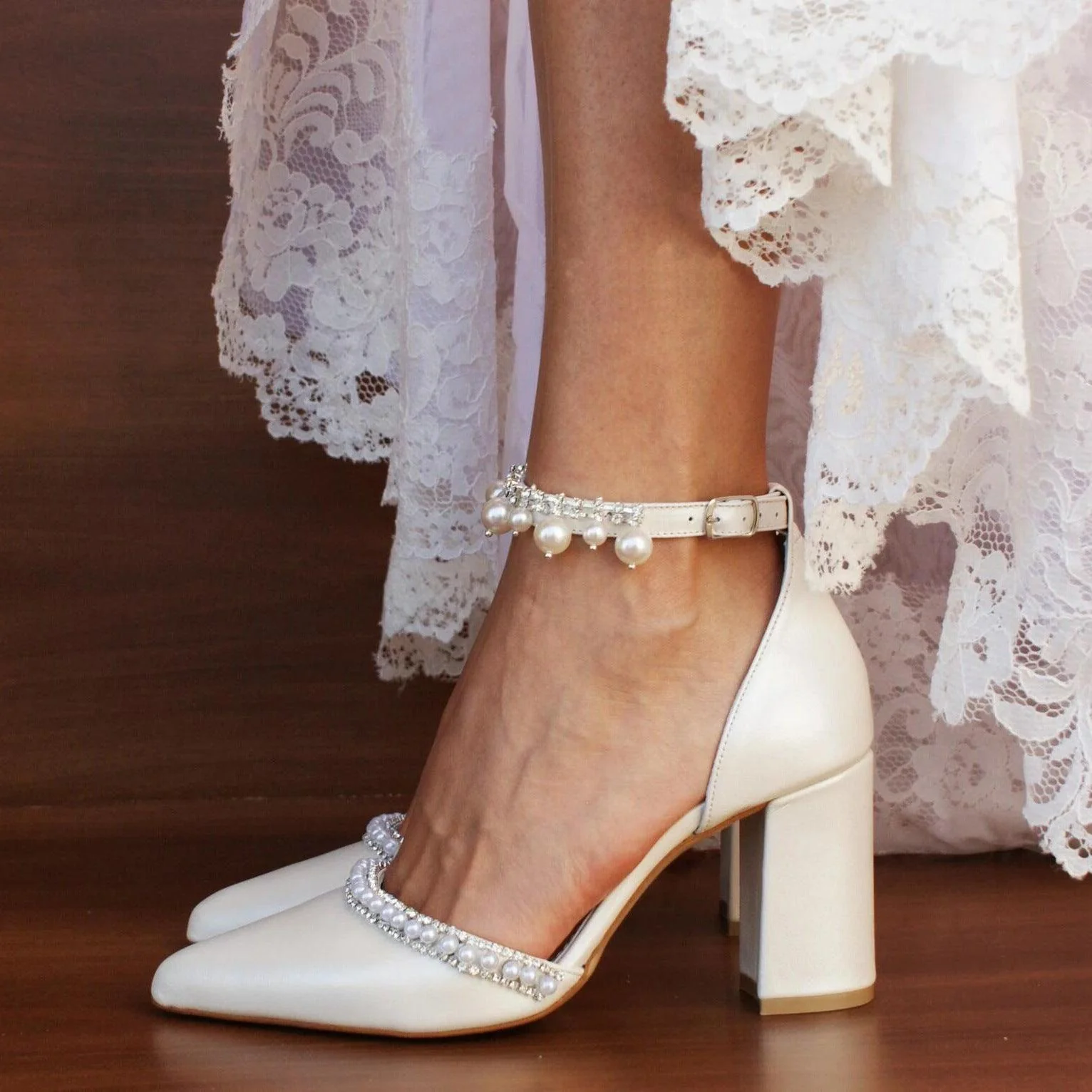 White Pearl Ankle Strap Pointy Block Heels 709119829327