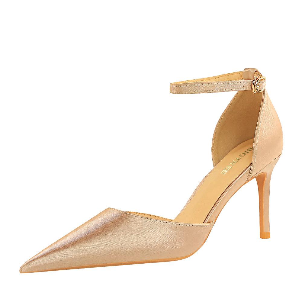 Champagne Satin Pointy Stiletto Heels 674228626275