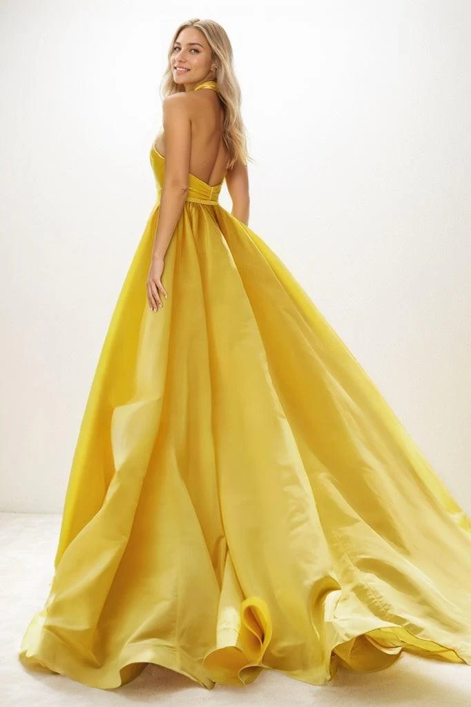Exquisite Halter Detachable Train Charmeuse Prom Dresses CS0793