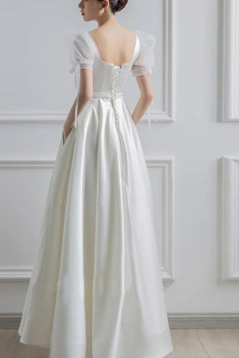 A-Line Floor Length Satin Wedding Dress 650928413690