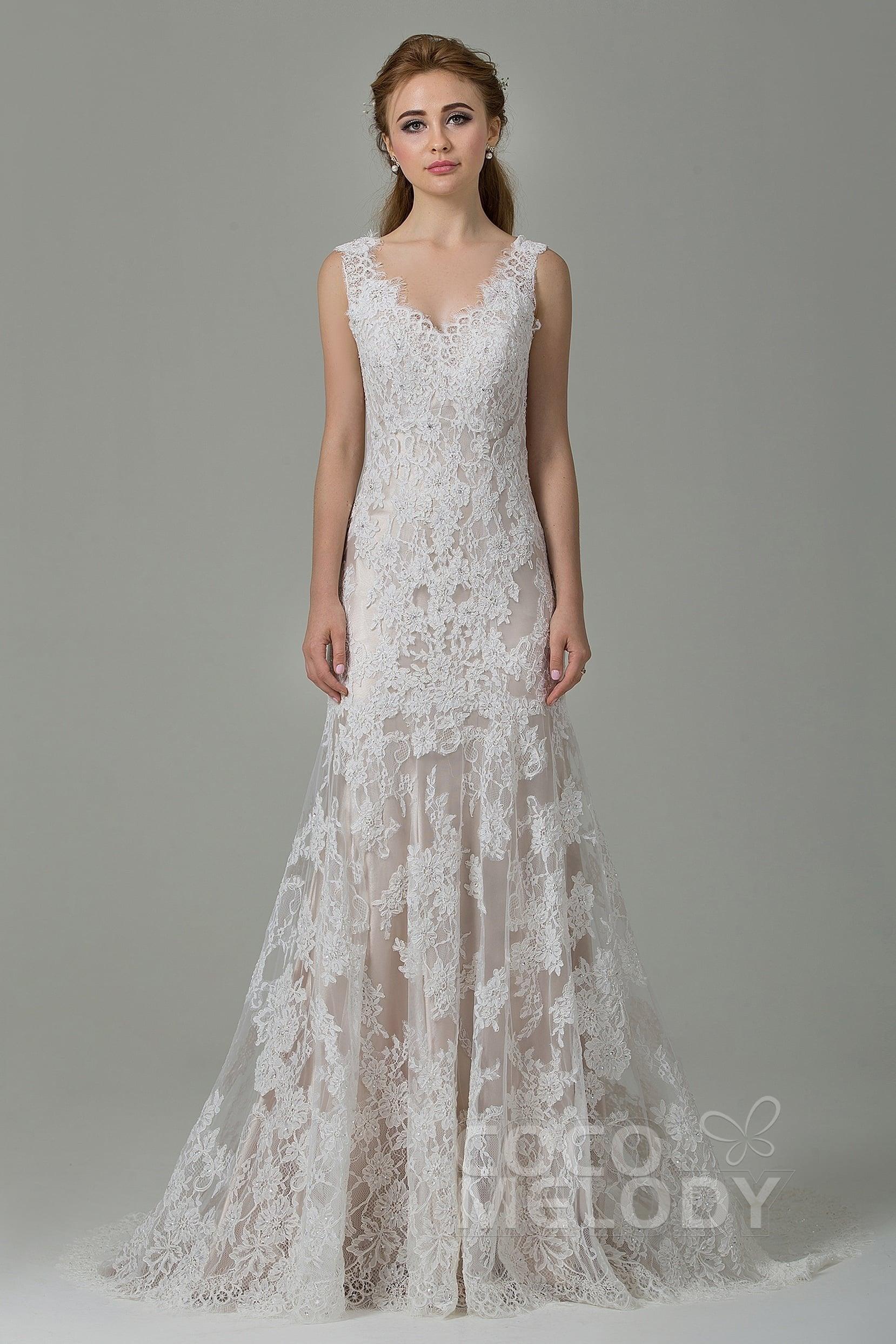 Sheath-Column Sweep-Brush Train Lace Wedding Dress CWXT14061