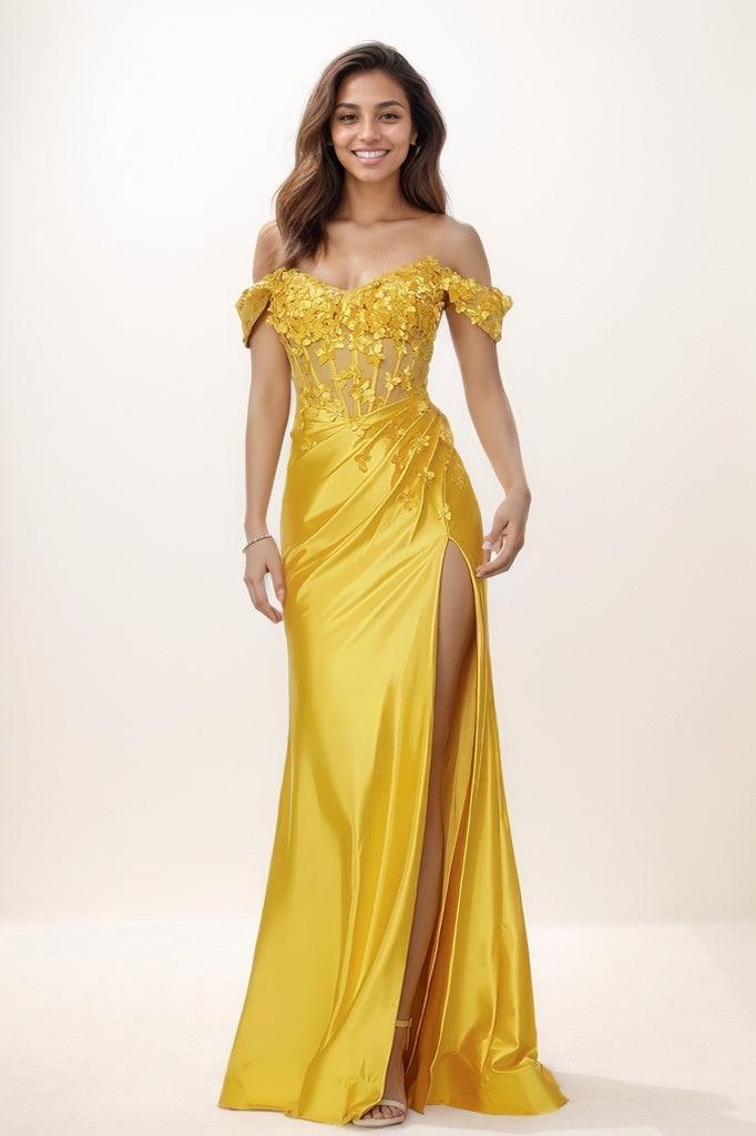 Off-The-Shoulder 3D Floral Charmeuse Prom Dresses CS0792