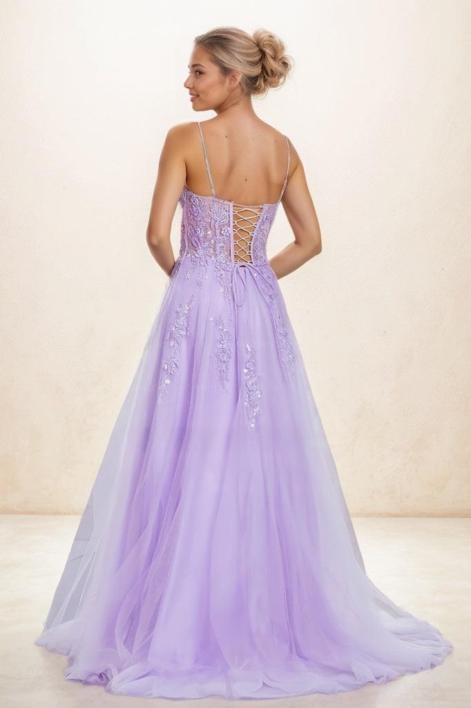 V Neck Lace Illusion Corset A Line Sweep Train Tulle Prom Dresses CS0813
