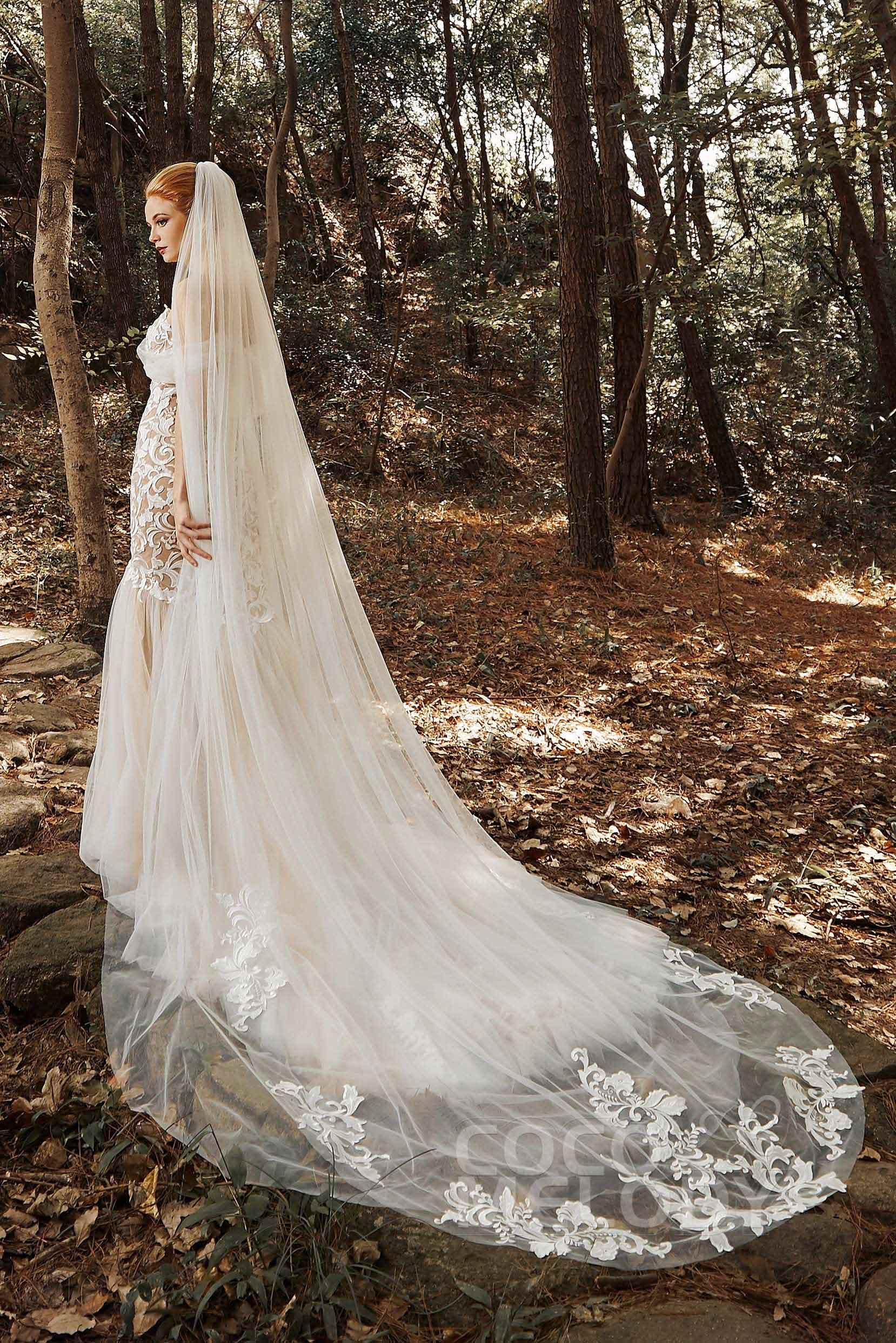 One-tier Cut Edge Tulle Cathedral Veils Appliques CV0186