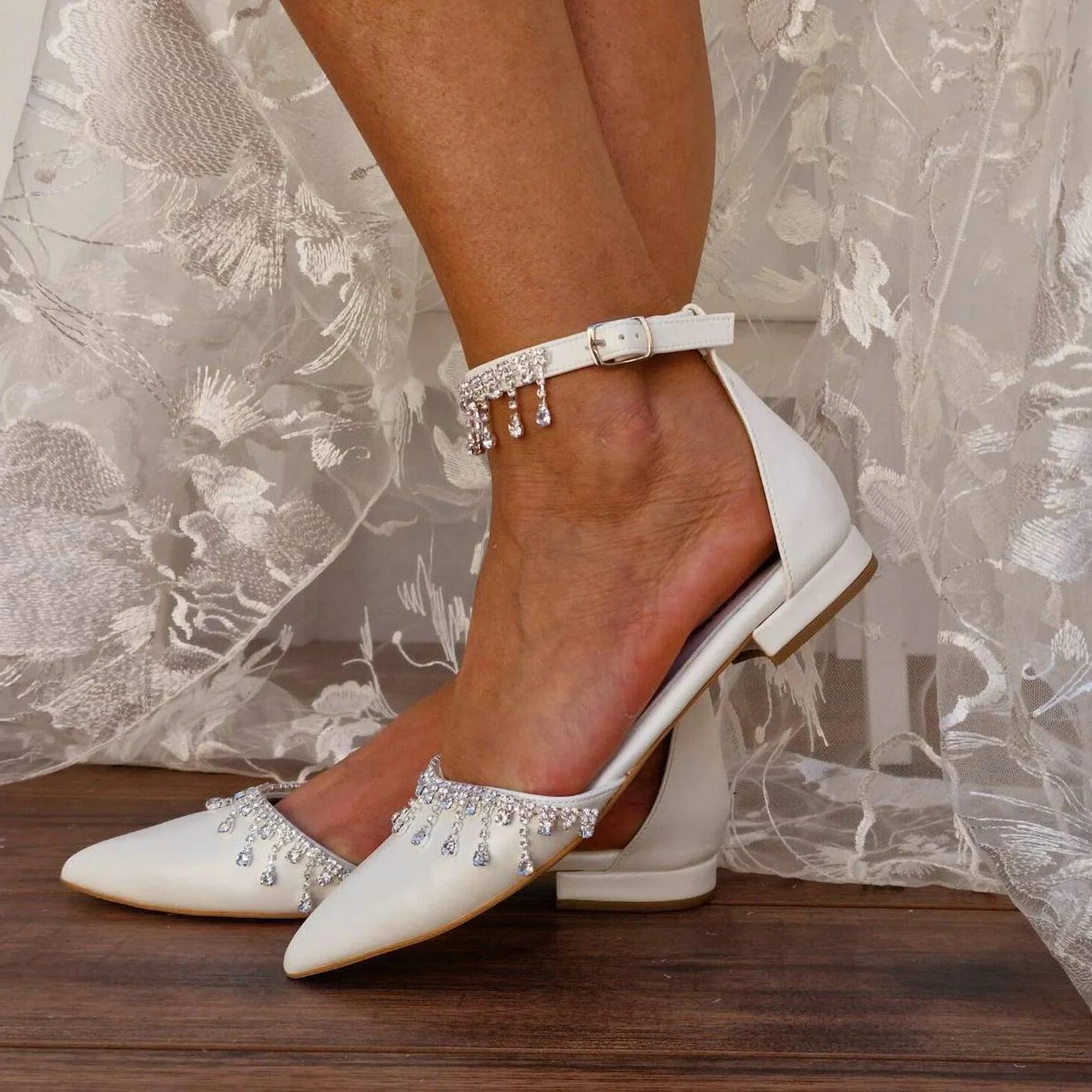 White Crystal Ankle Strap Pointy Flat Shoes 708270132734