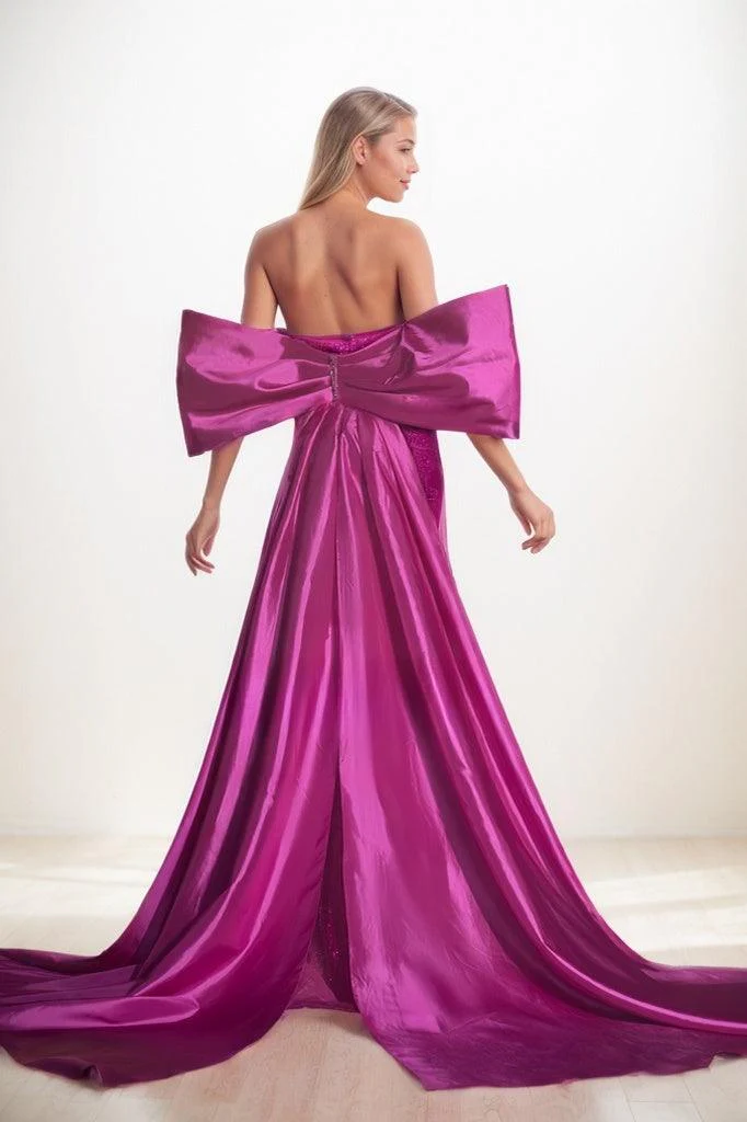 Off-The-Shoulder Sweep Train Satin/Lace Prom Dresses CS0799