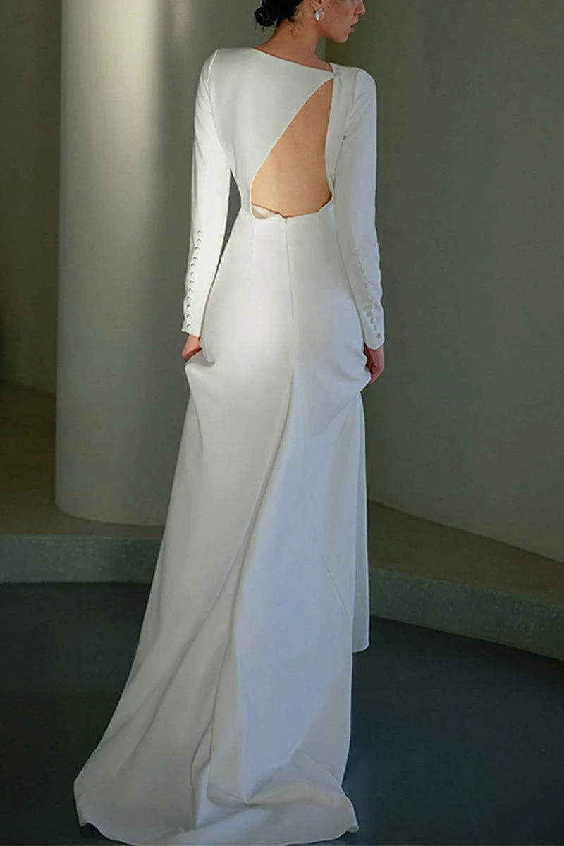 A-Line Sweep-Brush Train Stretch Satin Wedding Dress 681779653285