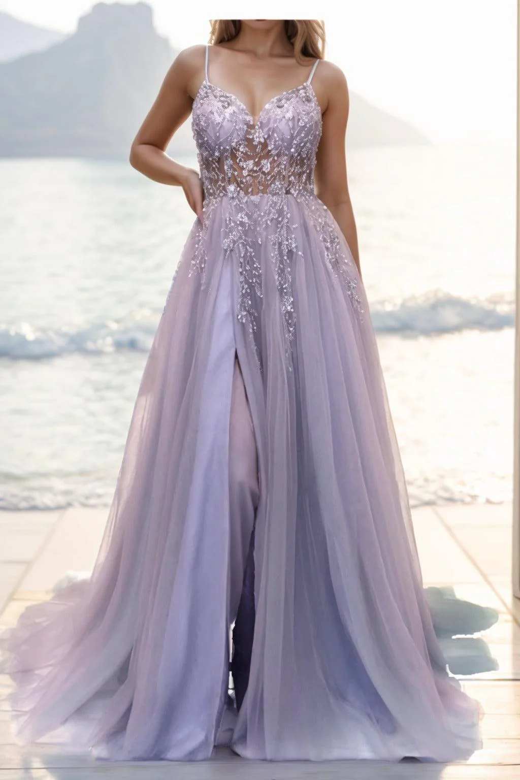 A-line Sweep-Brush Train Tulle Prom Dress CS0402