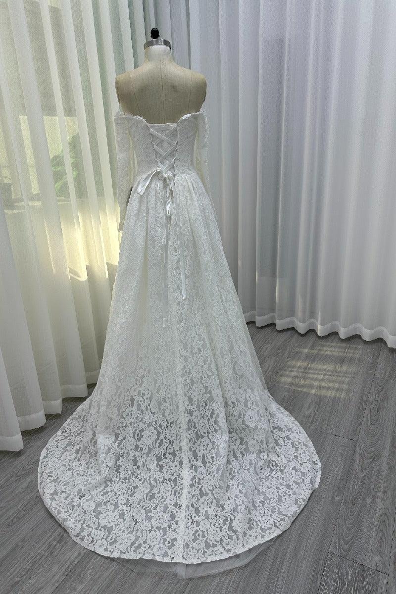 A-Line Sweep-Brush Train Lace Wedding Dress 843985458463