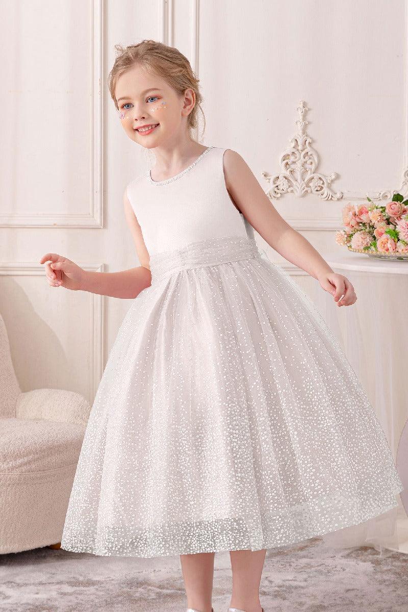 A-Line Scoop Neck Sleeveless Midi Tulle/Sequined Flower Girl Dresses 828722259586