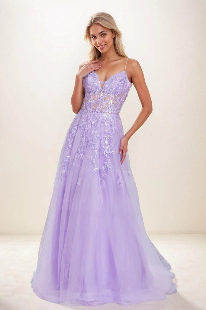 V Neck Lace Illusion Corset A Line Sweep Train Tulle Prom Dresses CS0813