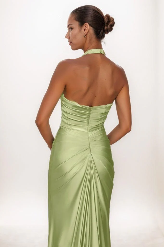 Elegant Halter Ruched High Split Sweep Train Prom Dresses CS0774