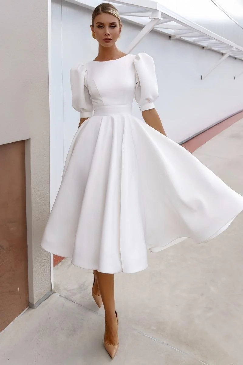 Short Sleeve Satin Tea-Length Little White Dress CW3384