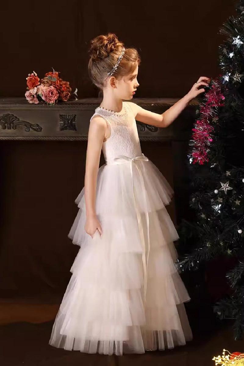 A-Line Scoop Neck Lace/Tulle Flower Girl Dresses With Cascading Ruffles 809160851086