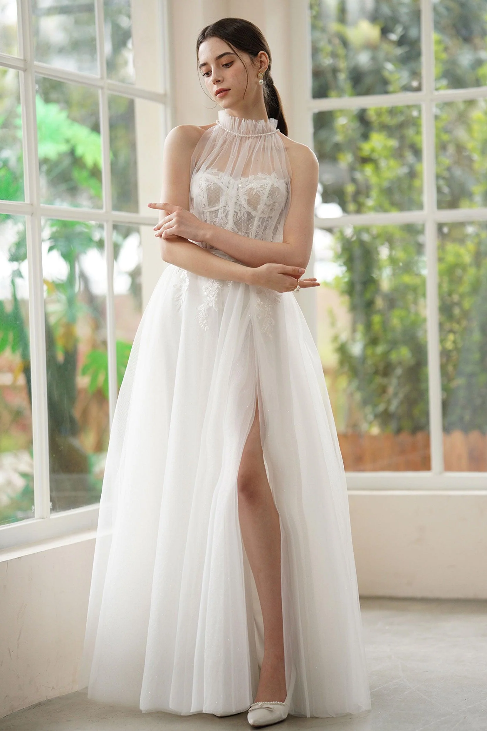 A-Line Sweep-Brush Train Lace Tulle Wedding Dress CW3315