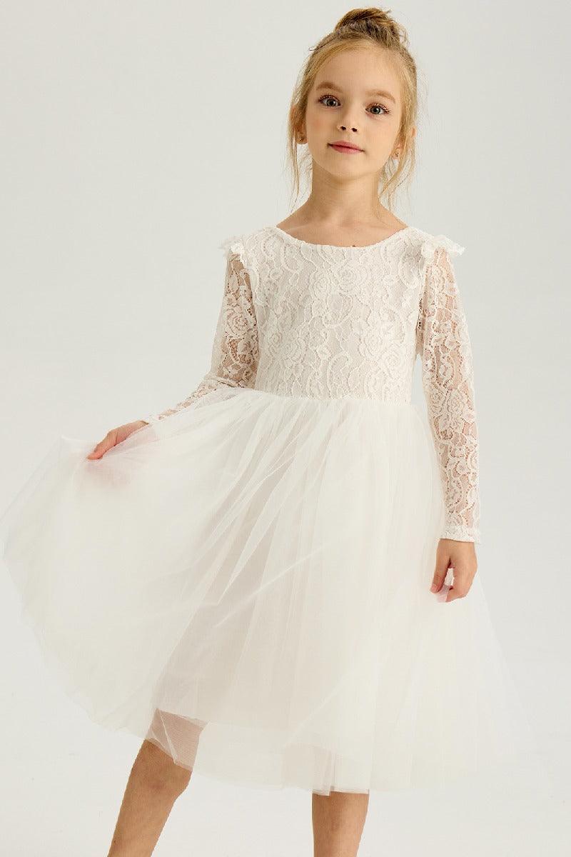 A-Line Scoop Neck Long Sleeve Lace Midi Flower Girl Dresses 850587397012