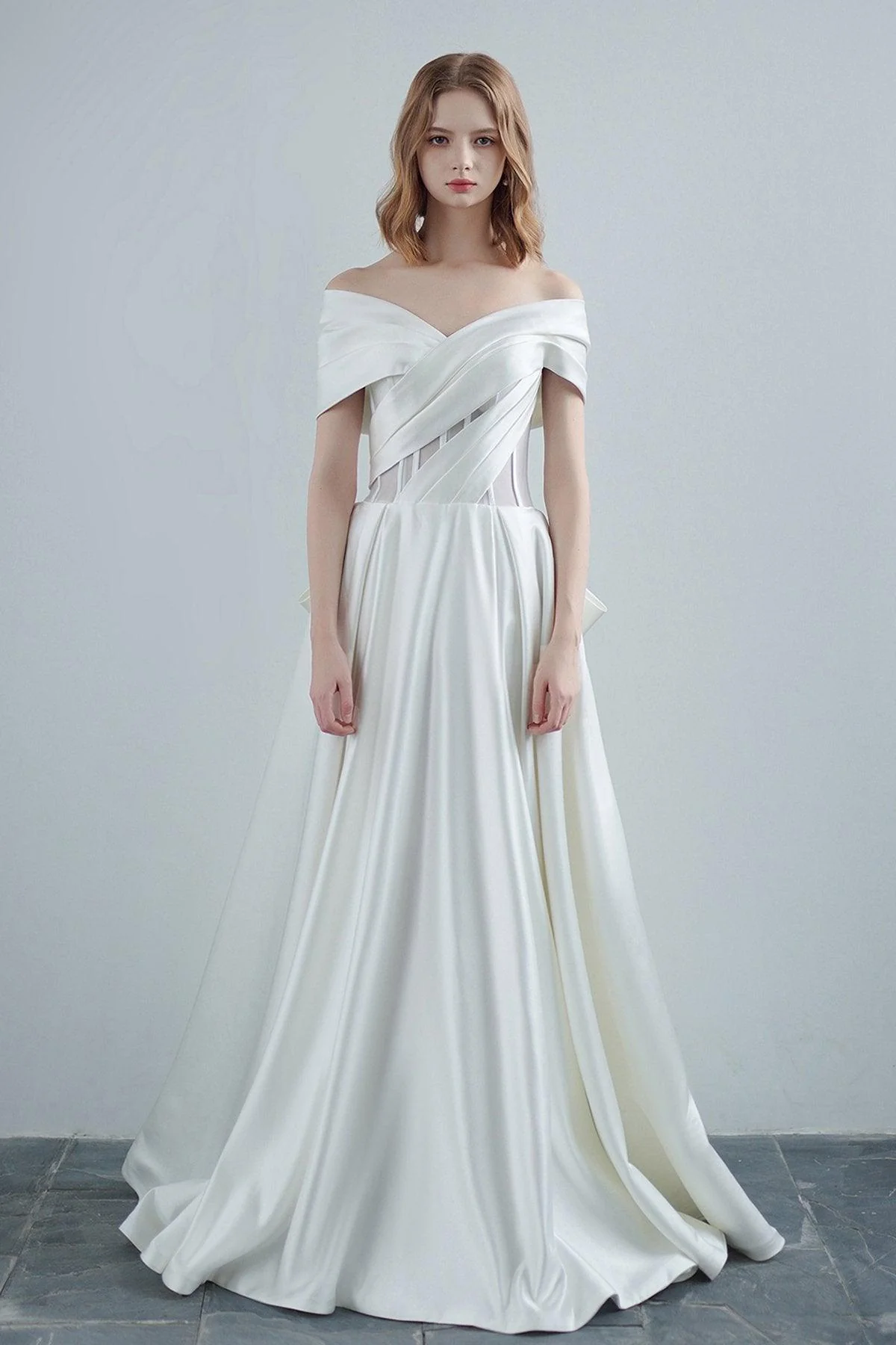 A-Line Sweep-Brush Train Satin Wedding Dress CW3208