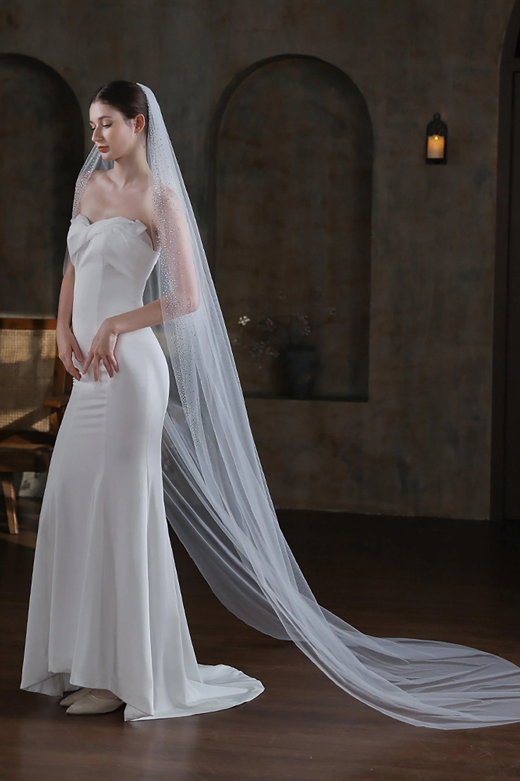 One-tier Cut Edge Tulle Chapel Veils with Sequin CV0321