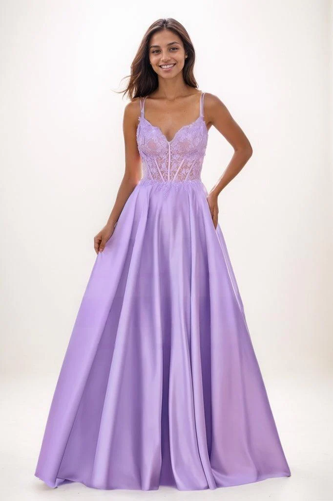 V-Neck Lace Illusion Corset A-Line Satin Prom Dresses CS0780