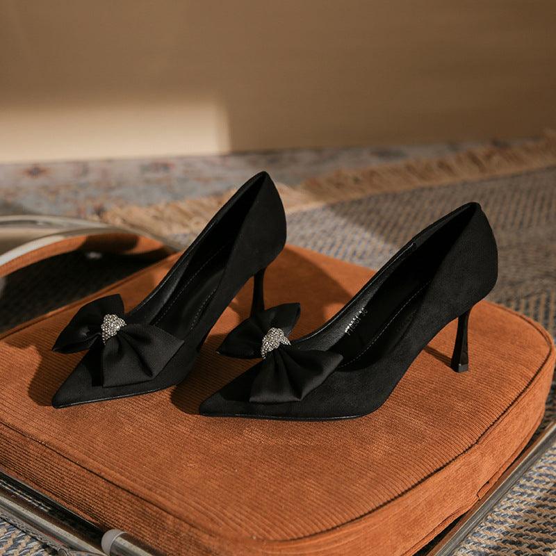 Black Suede Bowknot Pointy Stiletto Heels 746813568399