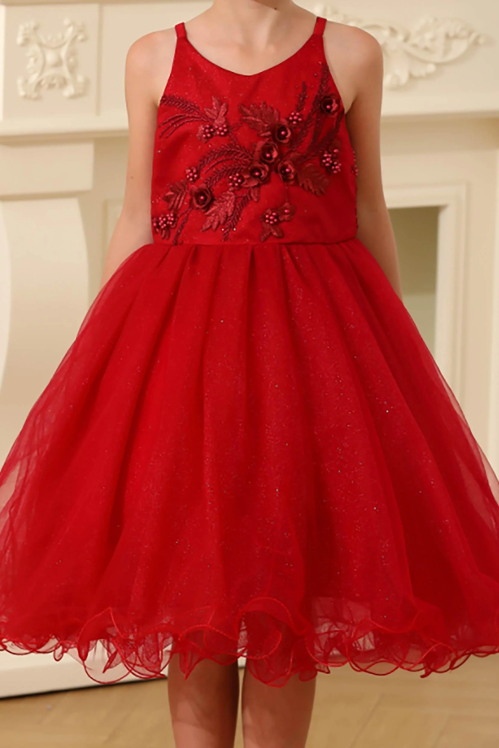 A-Line Tea Length Tulle Lace Flower Girl Dress CF0285
