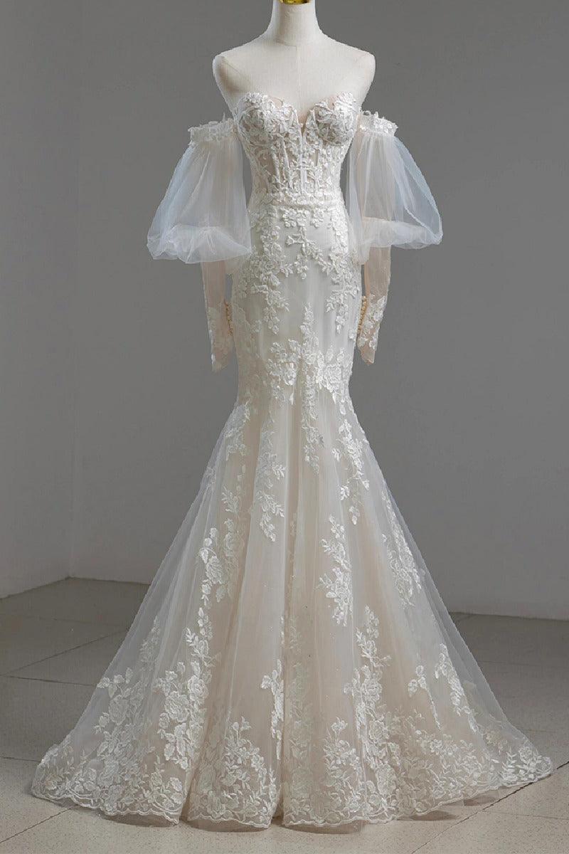 Trumpet-Mermaid Sweep-Brush Train Lace Tulle Wedding Dress795300012049