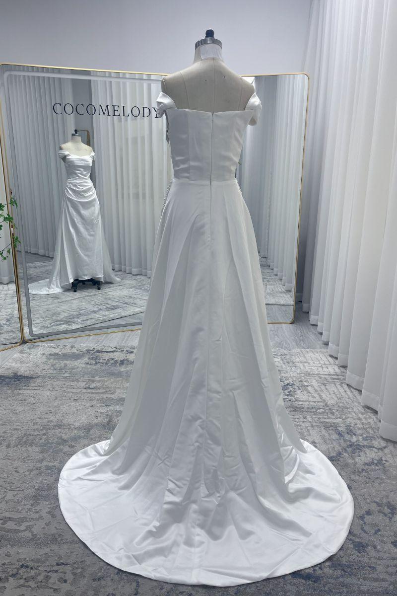 A-Line Sweep-Brush Train Satin Wedding Dress 827070473269