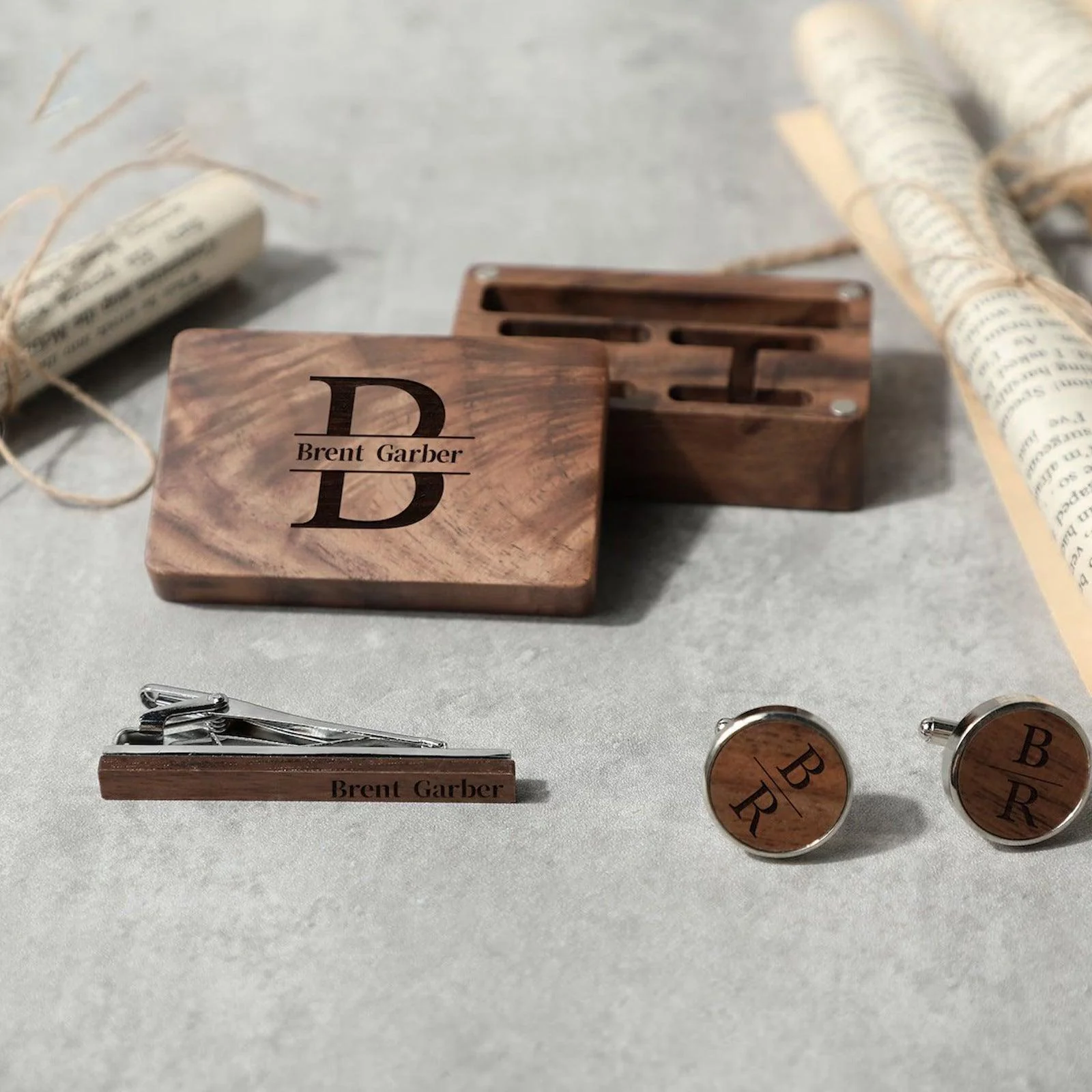Personalized carved cufflink collar clip wooden box 807778344005