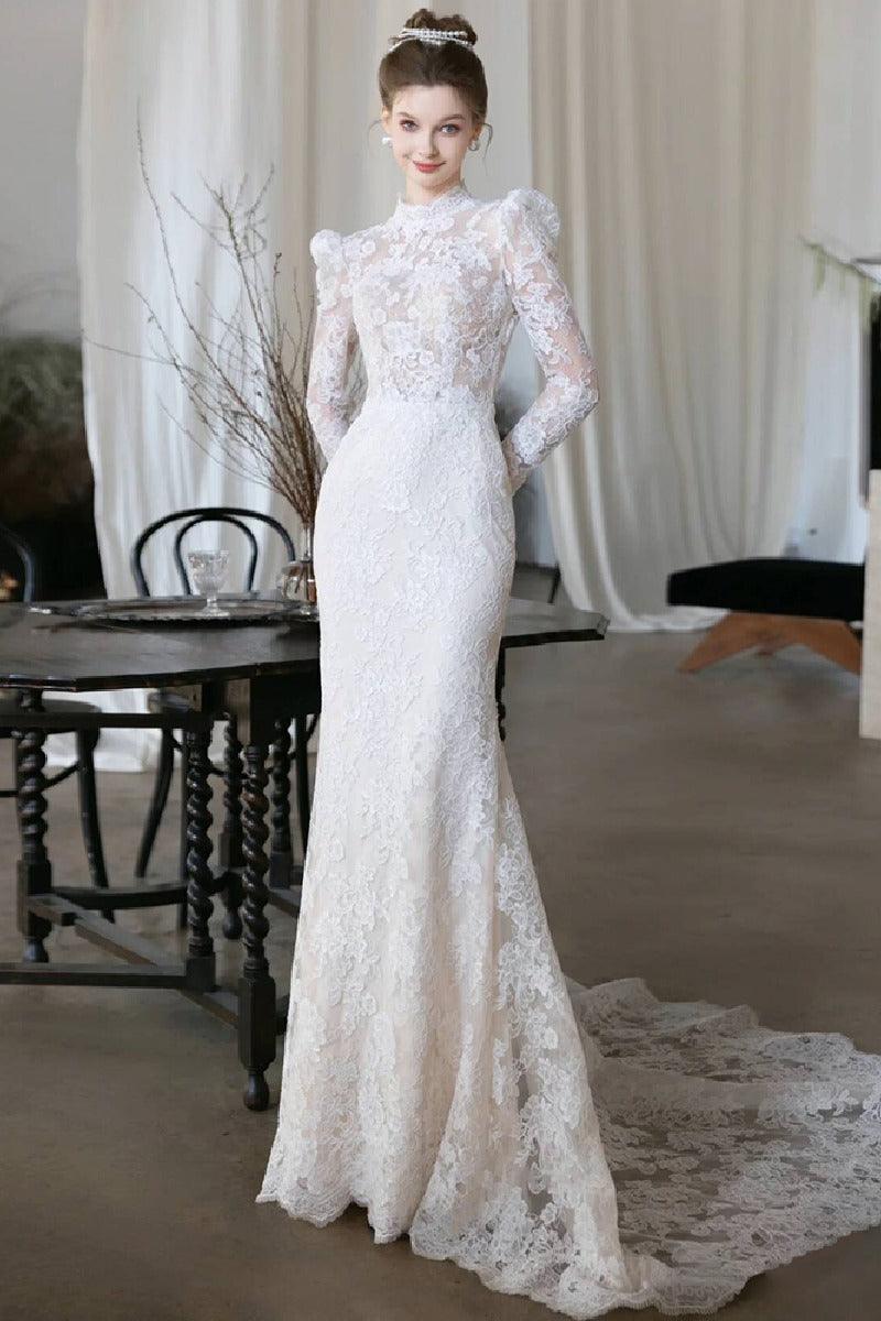 Trumpet-Mermaid Sweep-Brush Train Lace Wedding Dress 818104899723