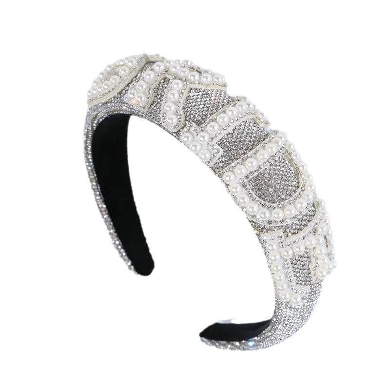 Bride flat silver rhinestone pearl headband 798647845828