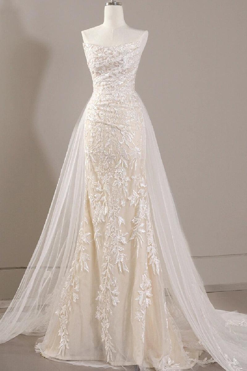 Sheath-Column Sweep-Brush Train Lace Tulle Wedding Dress 774886646233