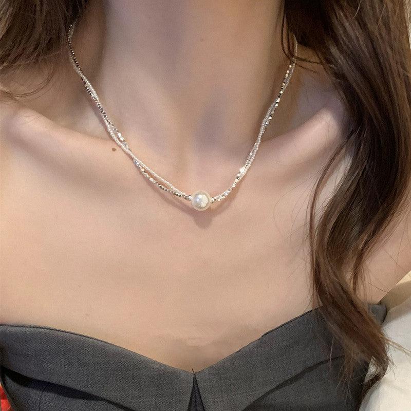 Shredded silver pearl double necklace choker 800772966486