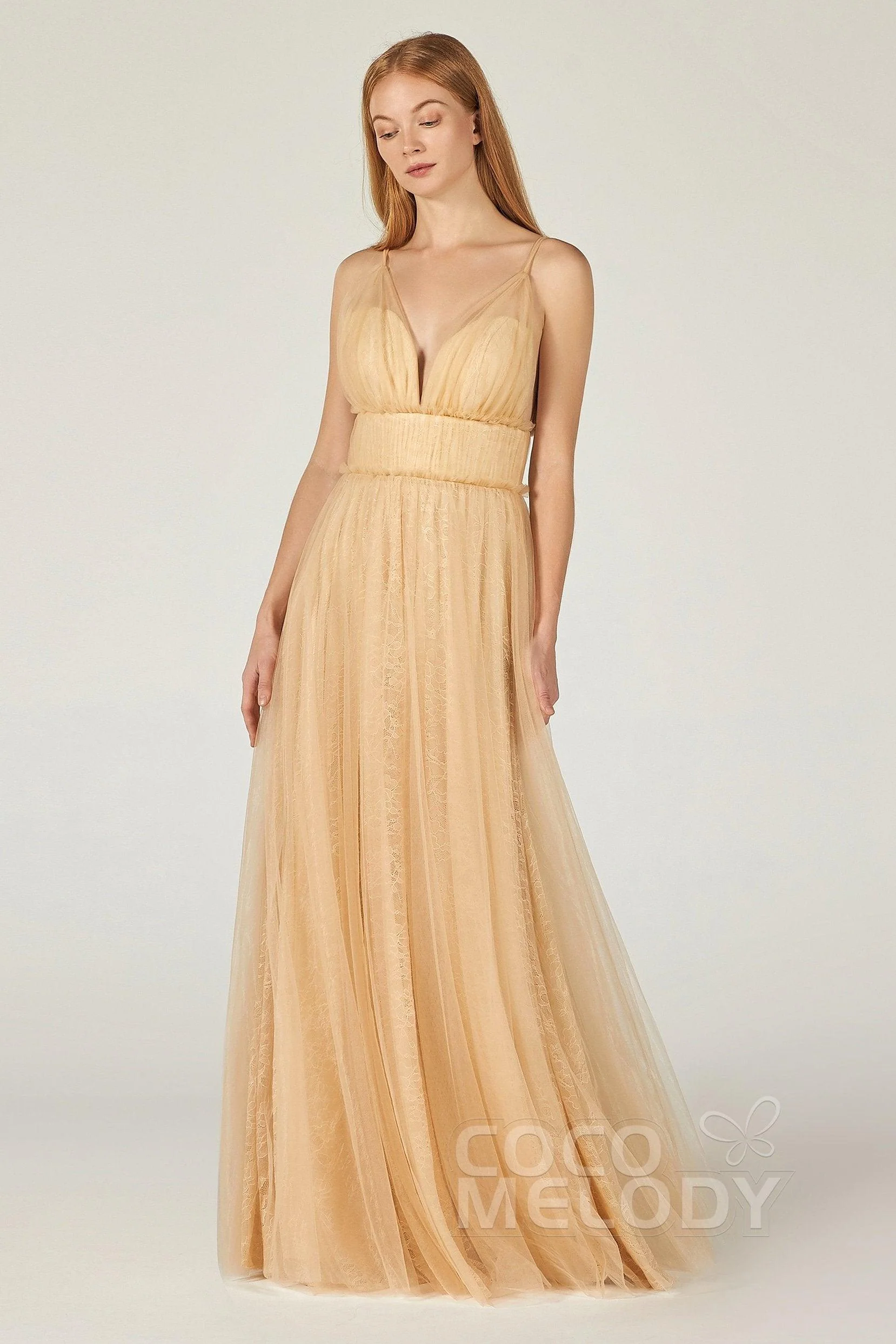 A-Line Floor Length Tulle Lace Bridesmaid Dress CB0374