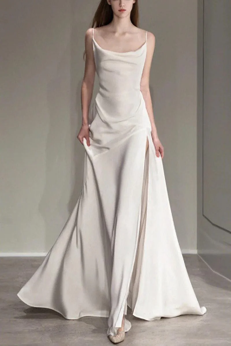 A-Line Sweep-Brush Train Luxuriant Satin Wedding Dress 697276695071