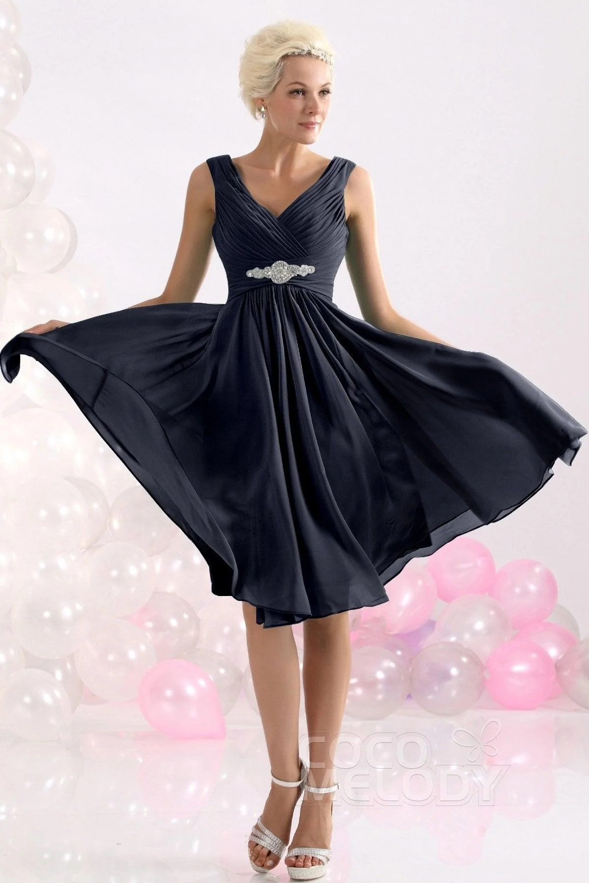 A-Line Knee Length Chiffon Bridesmaids Dress COZK1302ACR