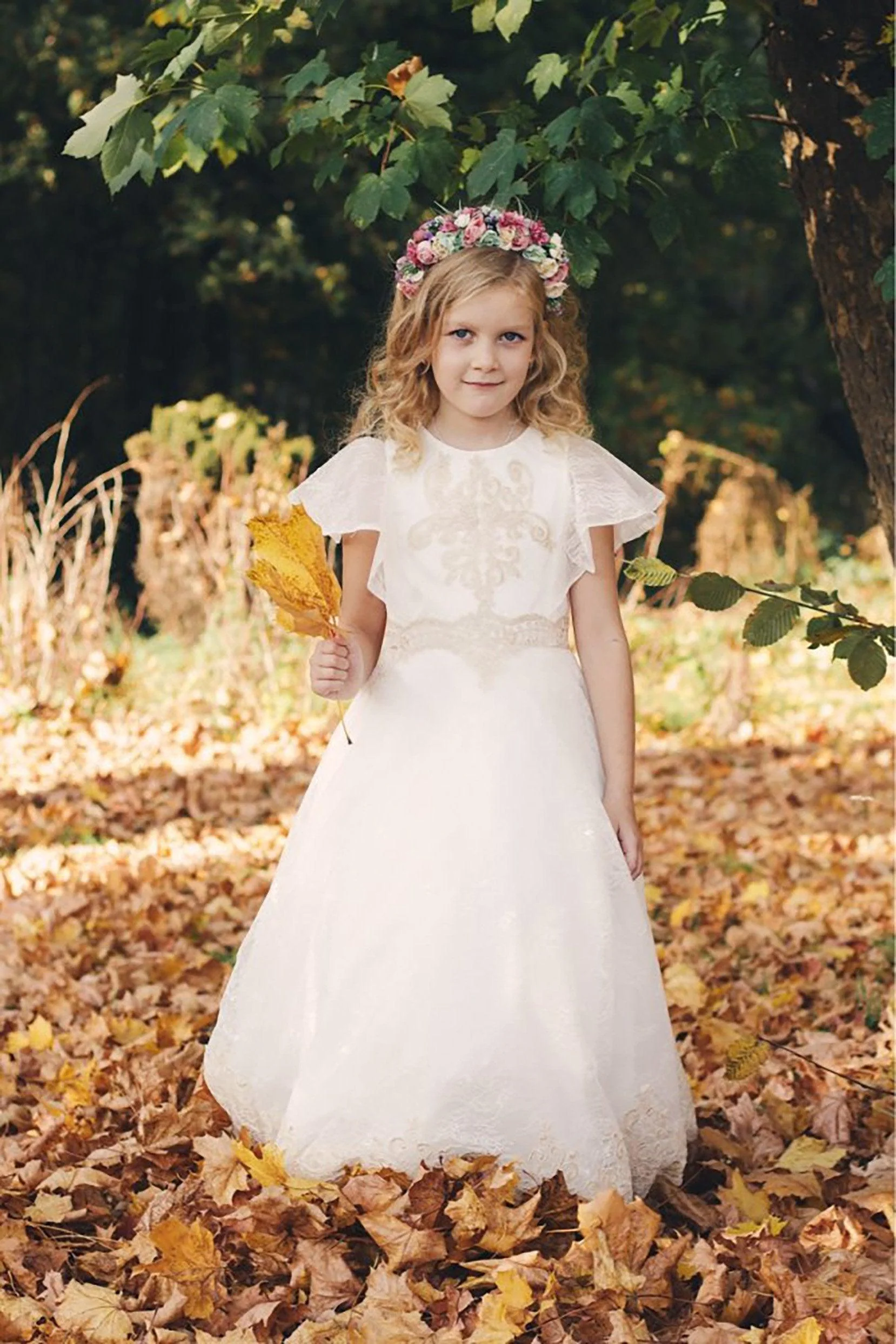 A-Line Floor Length Satin Lace Flower Girl Dress CF0338