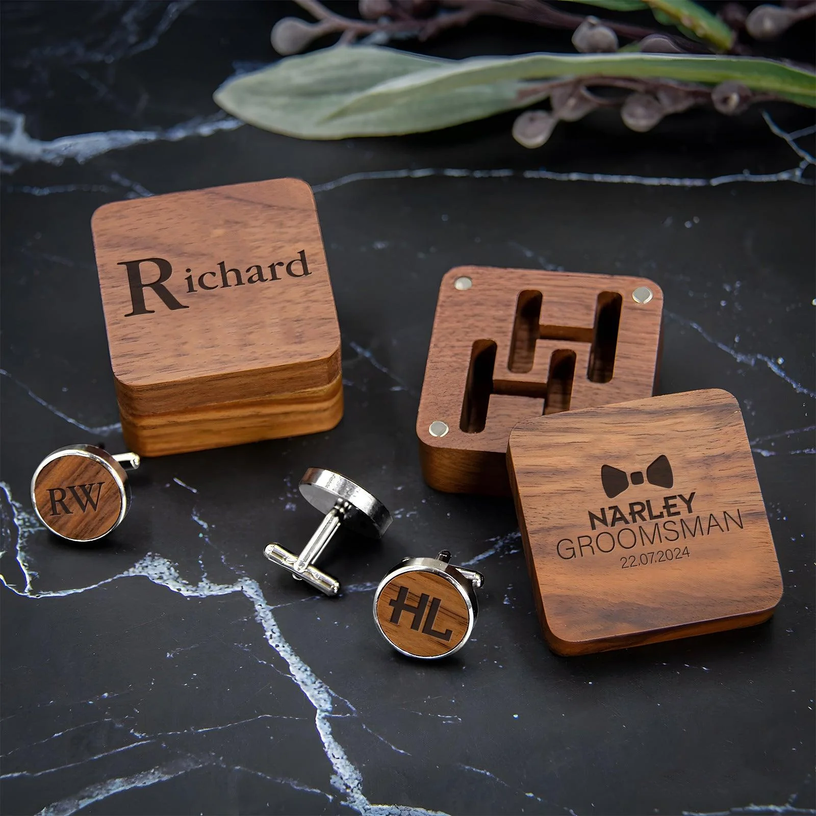 Personalized carved cufflink collar clip wooden box 807769212960