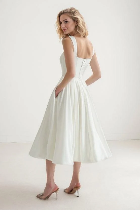A-Line Tea Length Satin Wedding Dress CW3406