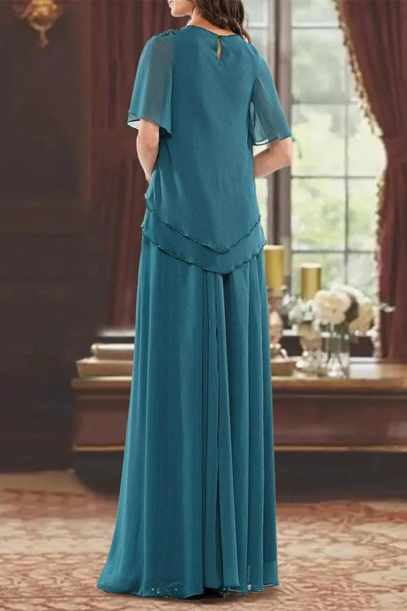 A Line Jewel Neck Short Sleeves Floor Length Mother Dress CM0363