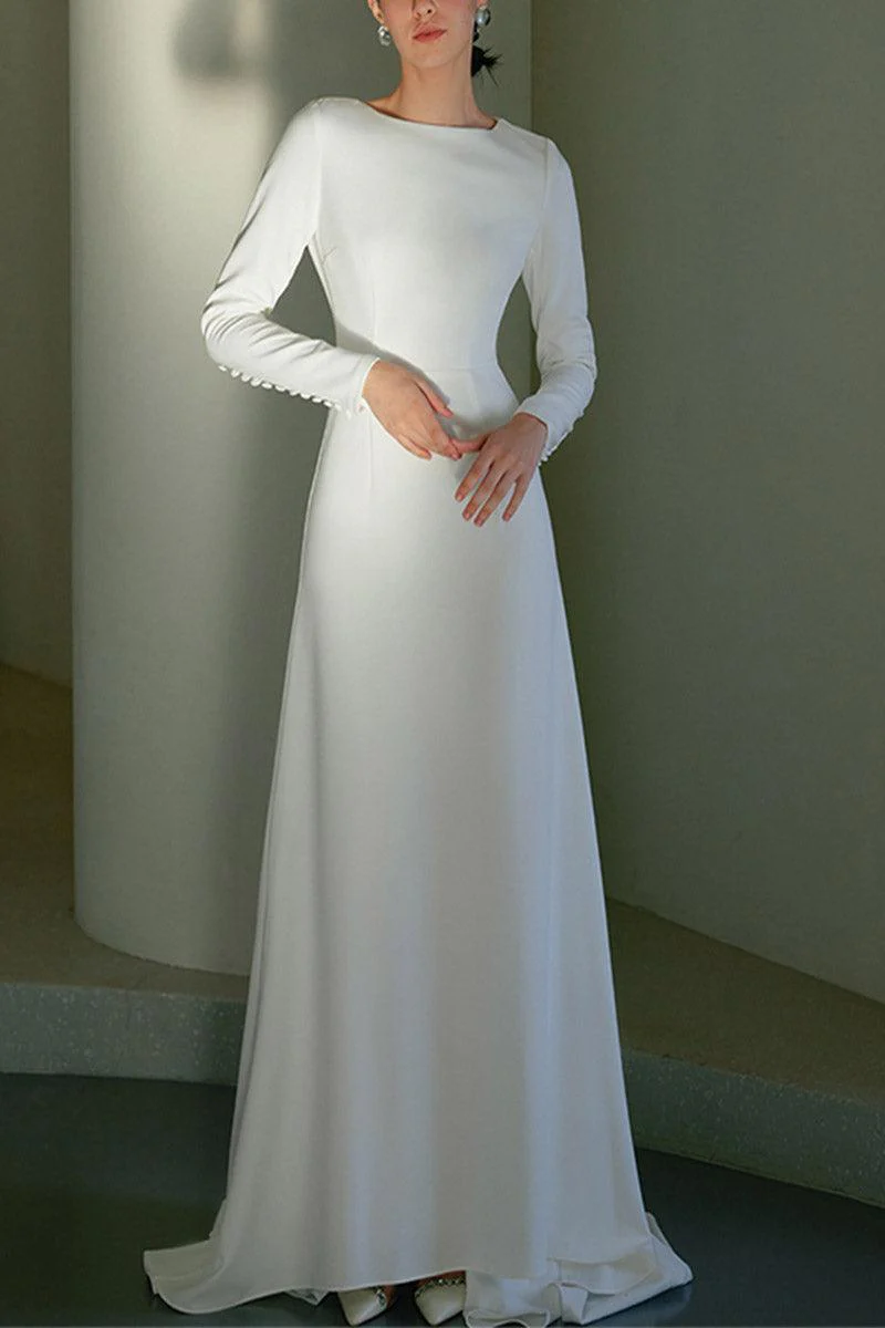 A-Line Sweep-Brush Train Stretch Satin Wedding Dress 681779653285