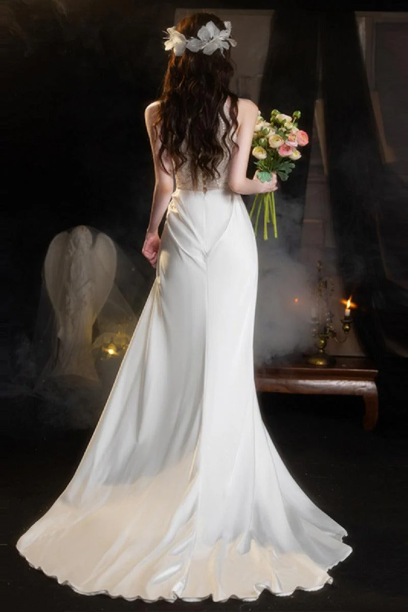 Sheath-Column Chapel Train Lace Satin Wedding Dress 737835089170