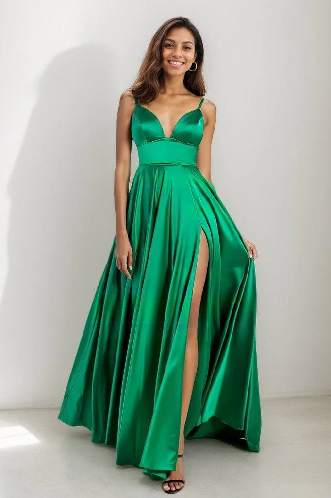 V-Neck Spaghetti Straps High Split Prom Dresses CS0783
