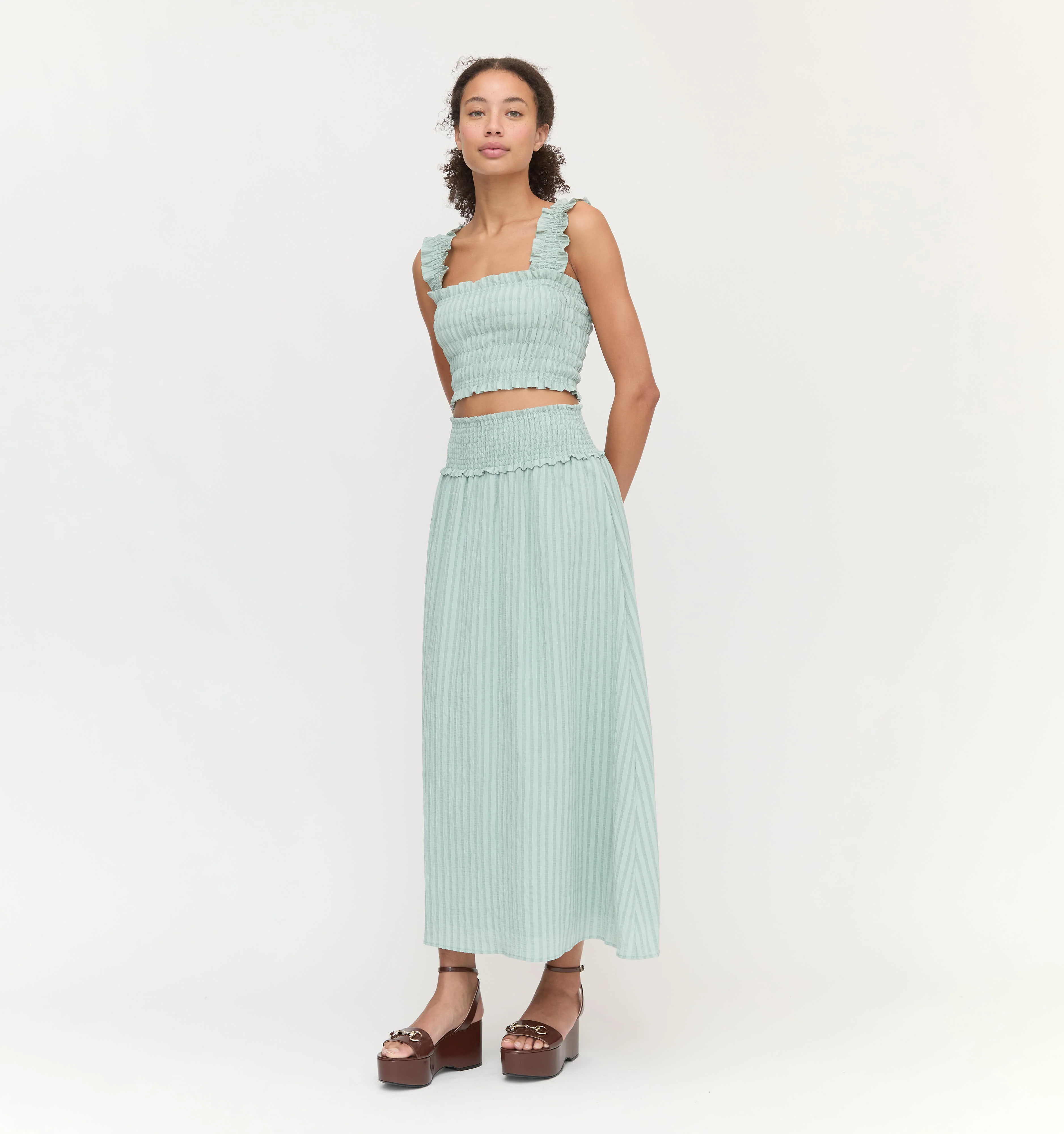 The Delphine Nap Skirt - Sage Green Tonal Seersucker