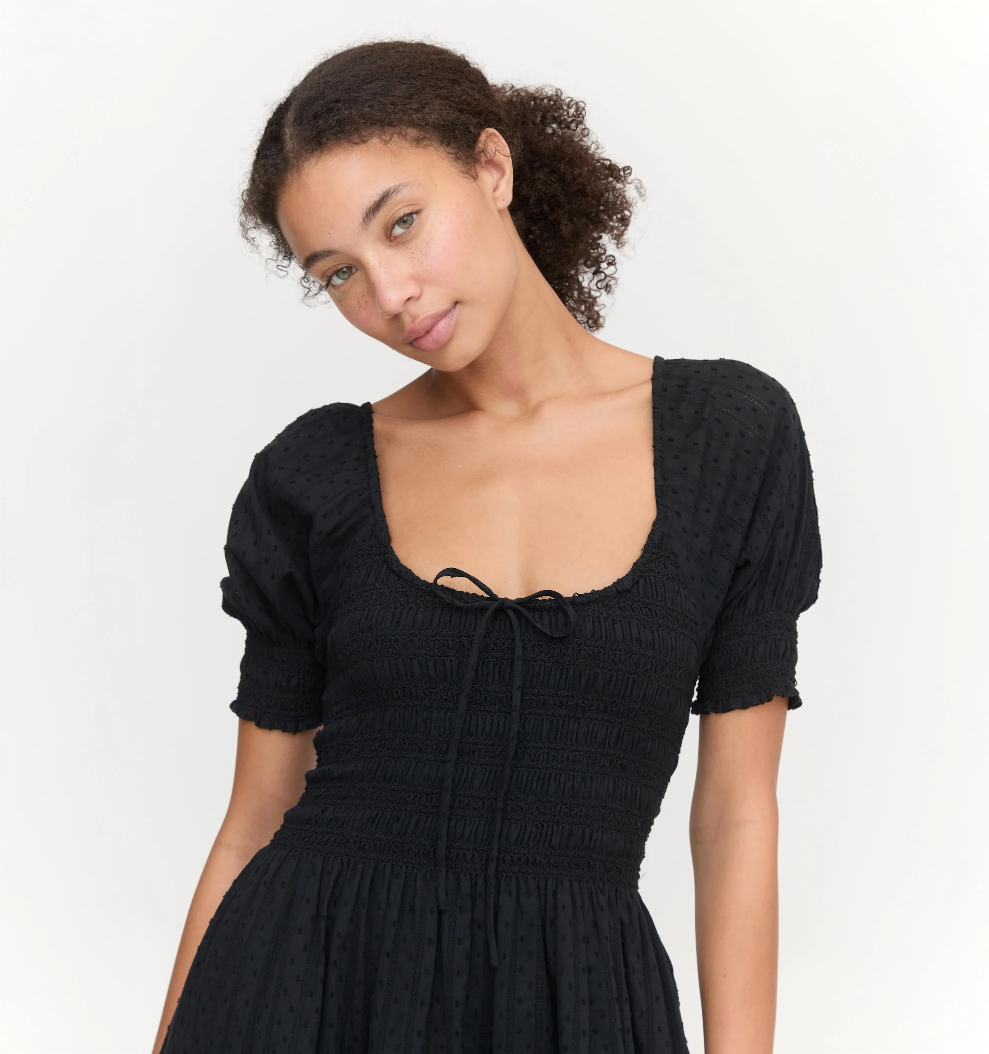The Madeline Nap Dress - Black Linear Swiss Dot
