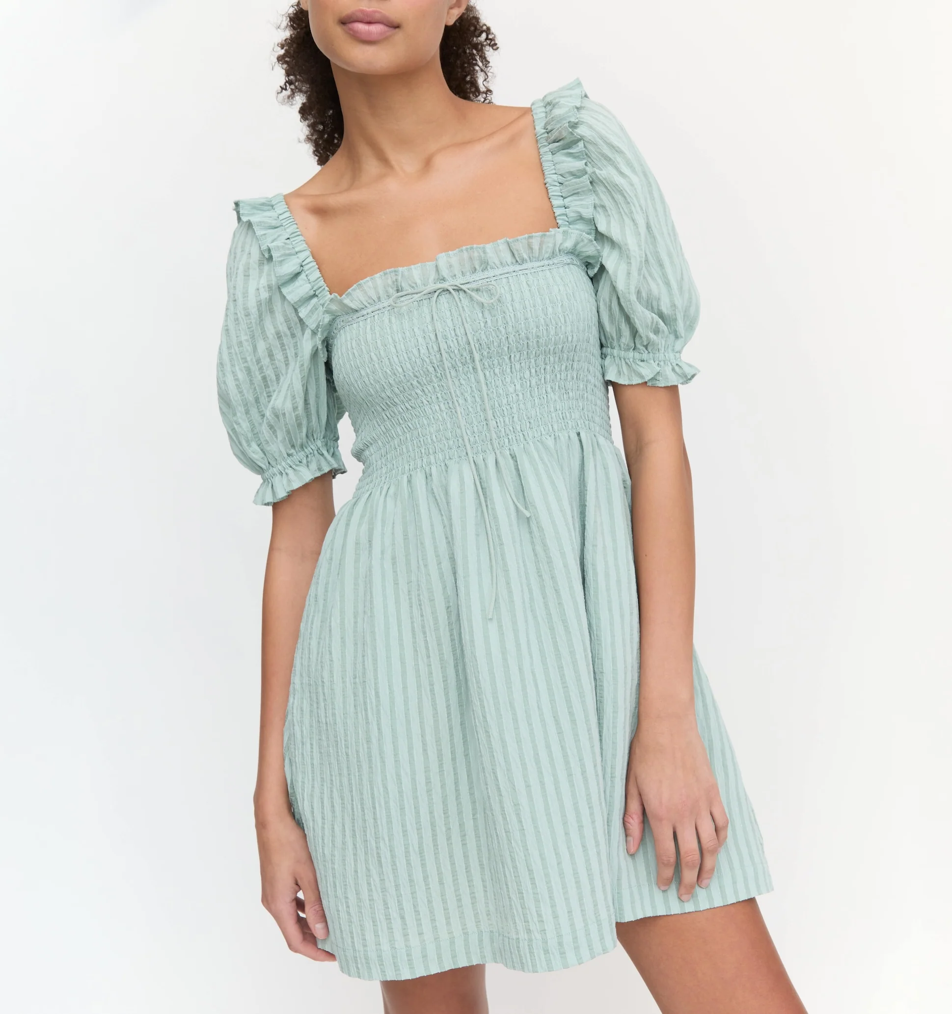 The Scarlett Mini Nap Dress - Sage Green Tonal Seersucker