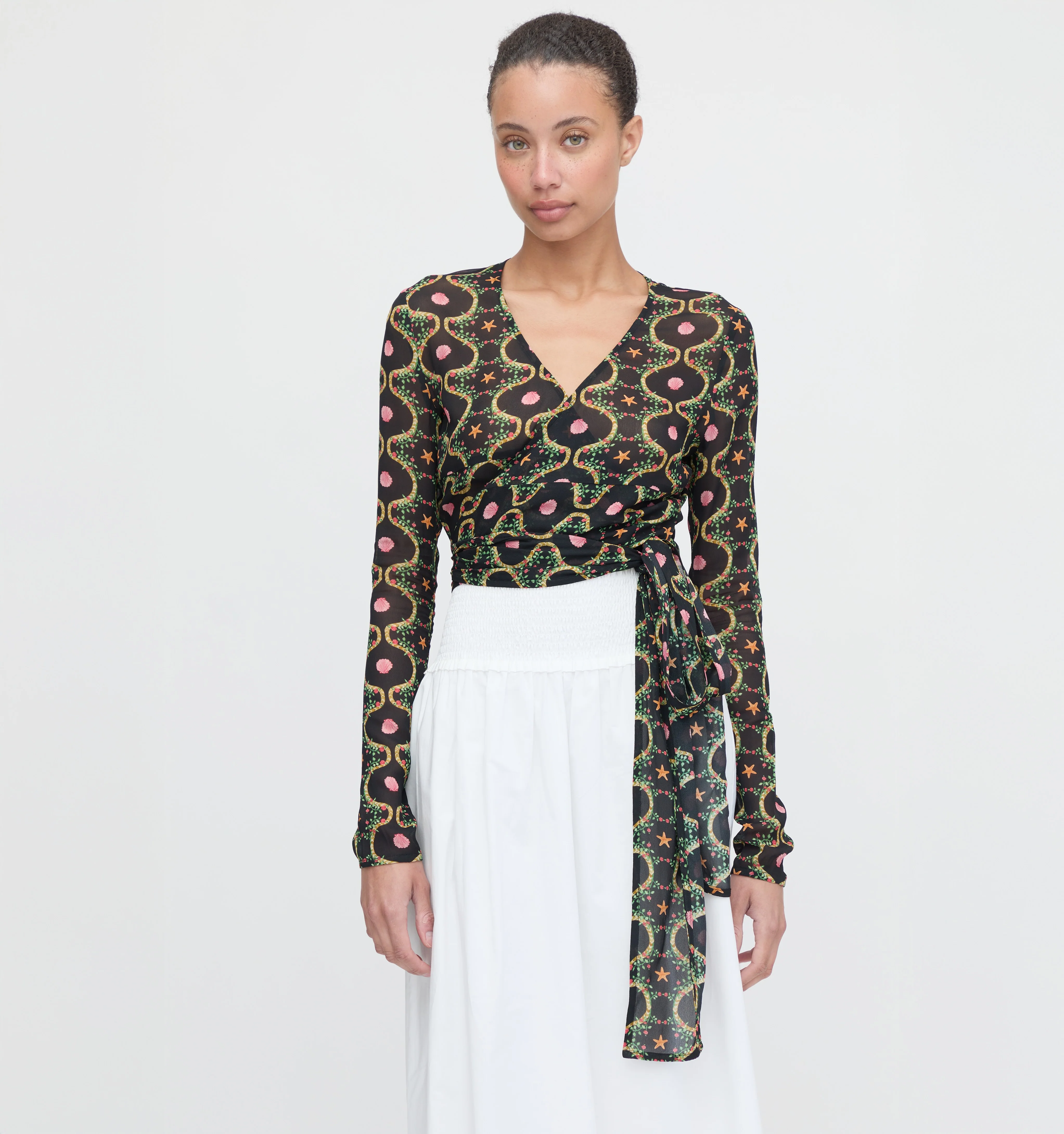 The Aviva Wrap Top - Black Cisco Trellis