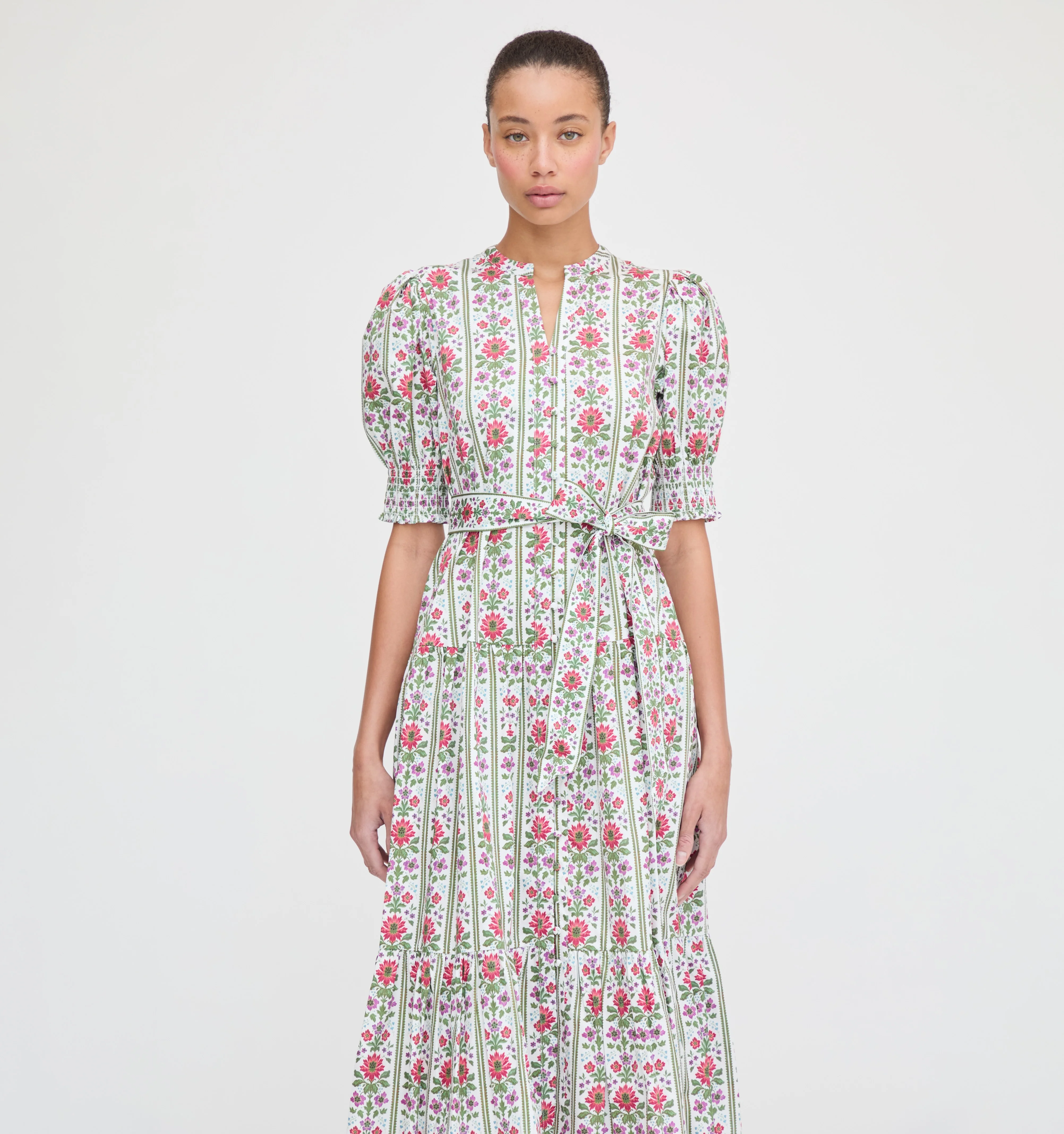 The Yara Dress - Green Floral Block Stripe