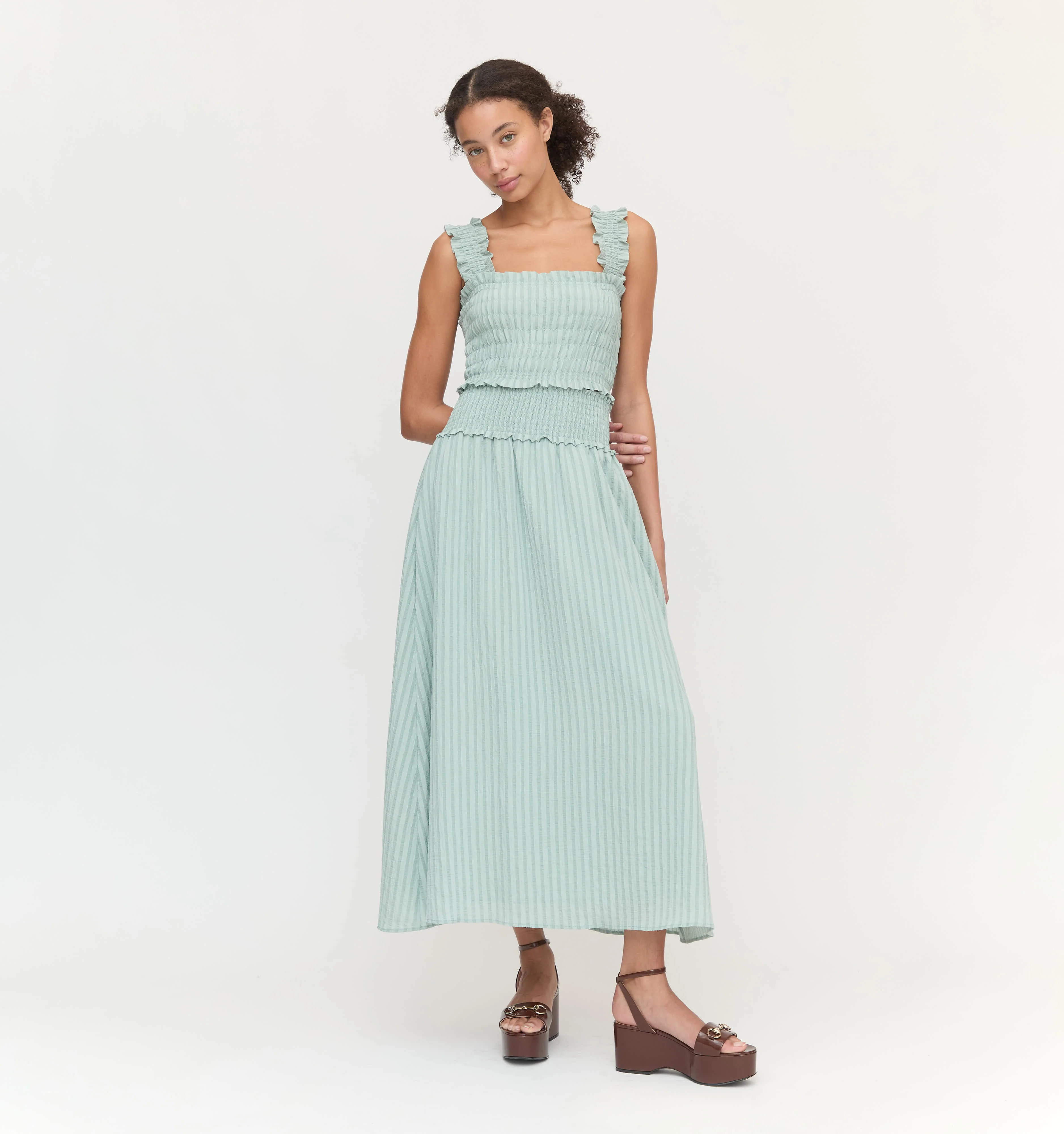 The Delphine Nap Skirt - Sage Green Tonal Seersucker