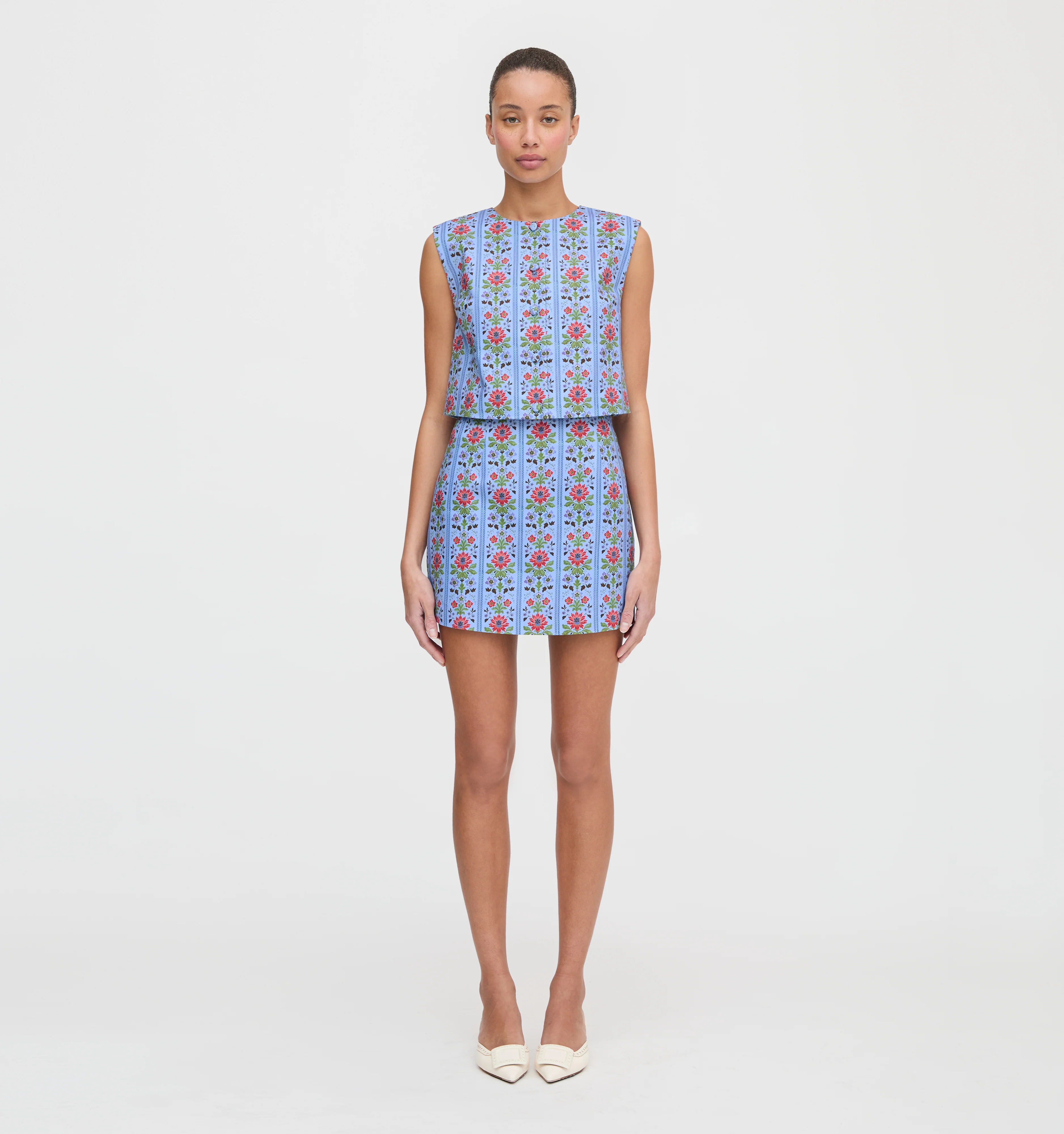 The Hallie Skirt - Blue Floral Block Stripe